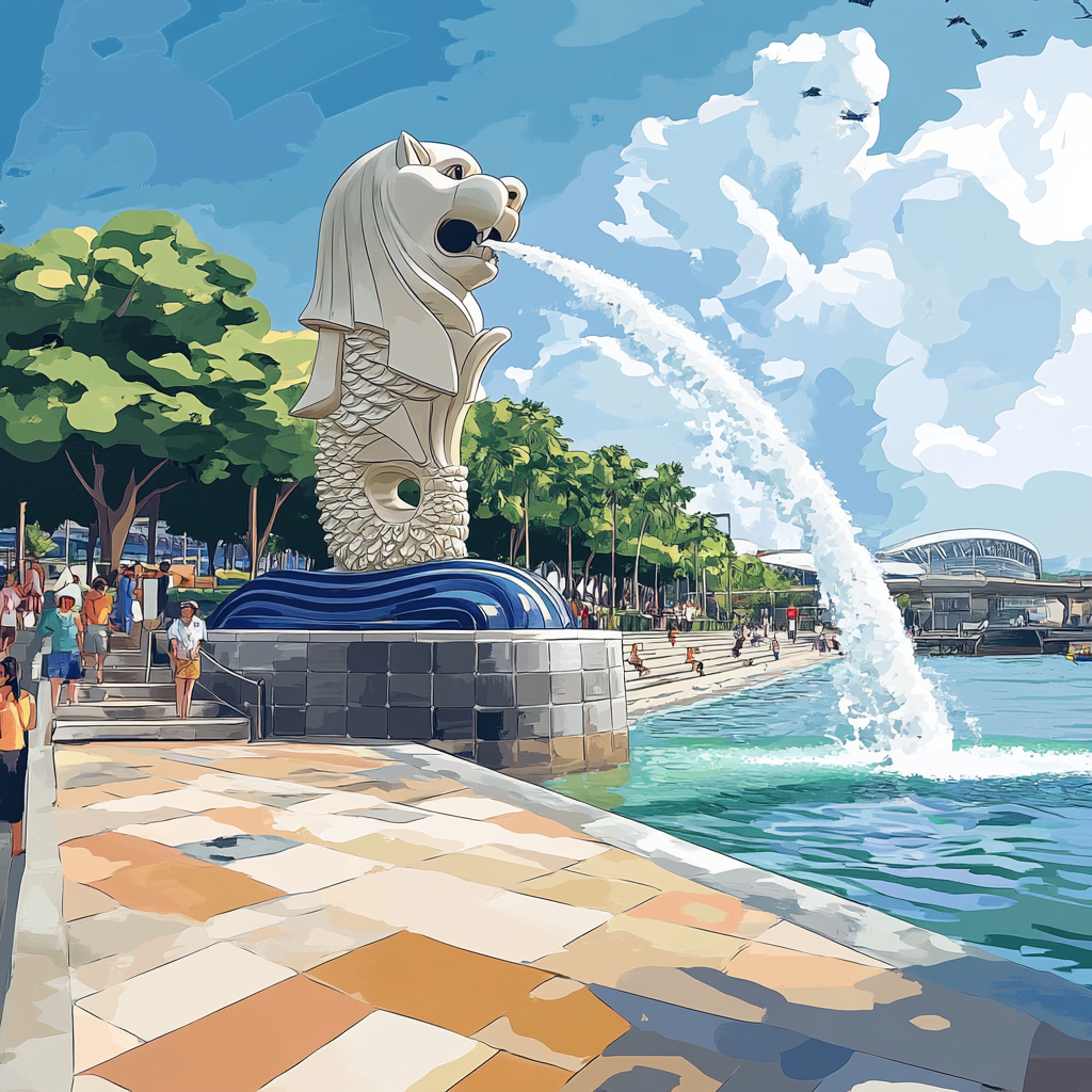 info.huasong Merlion Park Promenade Singapore cartoon style cf5585e3 5d4b 4e56 a20b 638113f6e866